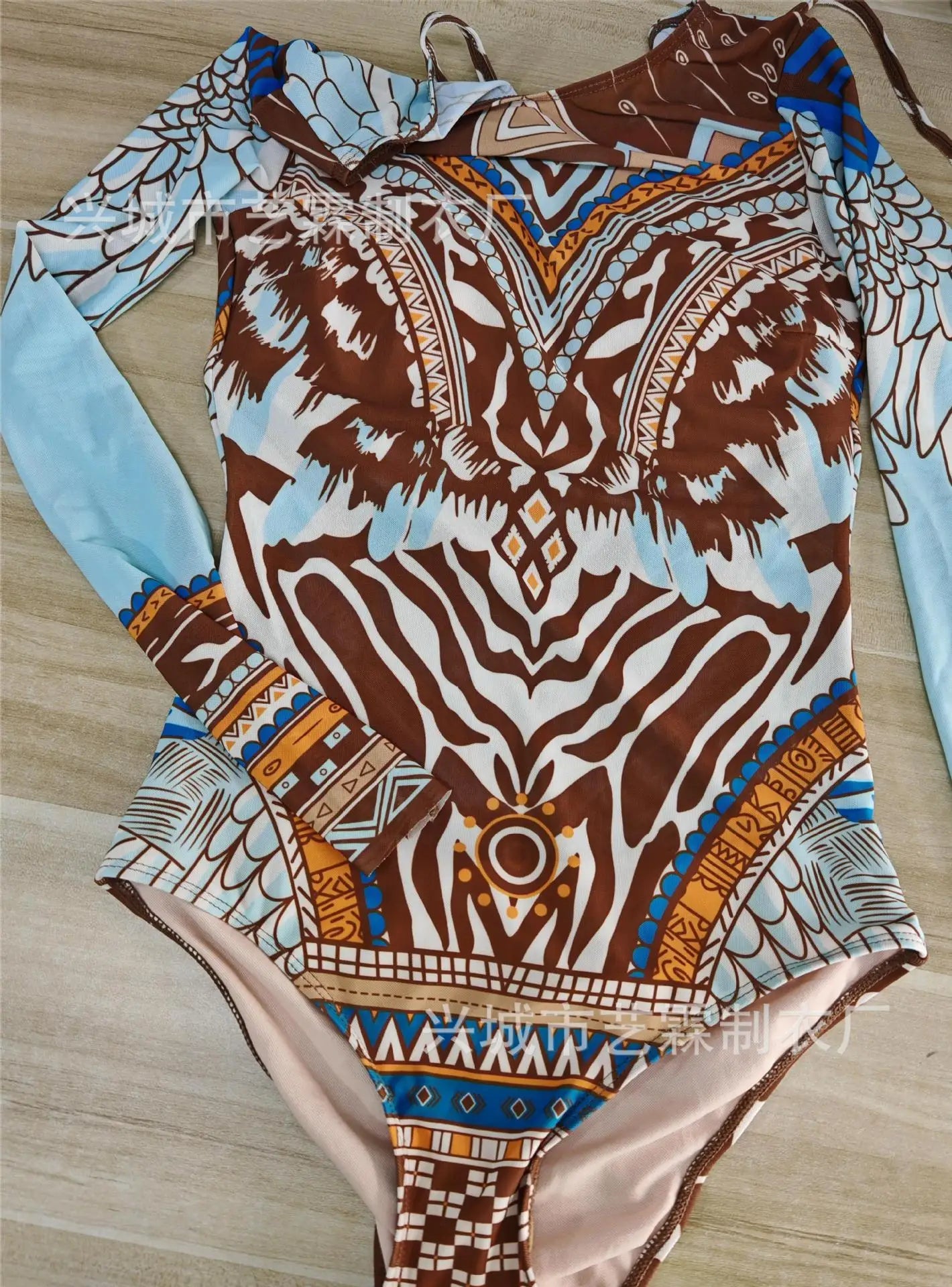 New Women's Fashionable and Sexy Printed Long Sleeved Swimsuit with Cup Cover Sun Protection Mesh Fabric One-piece Swimsuit