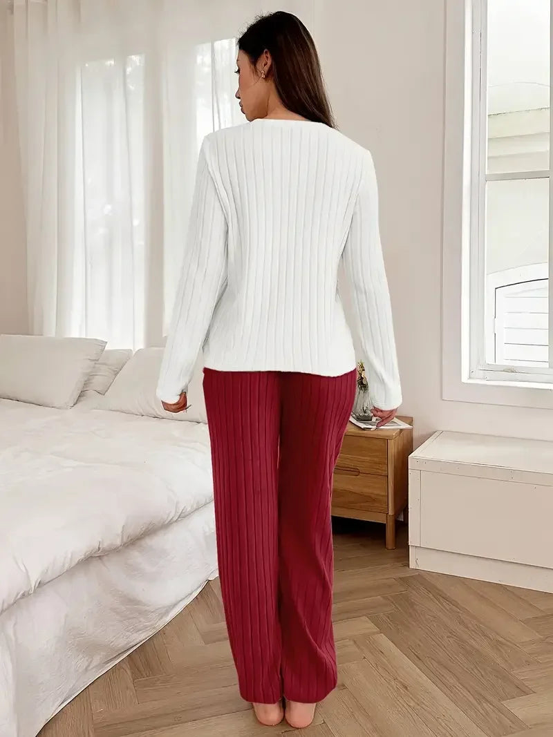 Pajamas Set Women Casual Fleece-Lined Round Neck Long Sleeve Tops and Trouses Sets Autumn Winter Warm Homewear Loungewear
