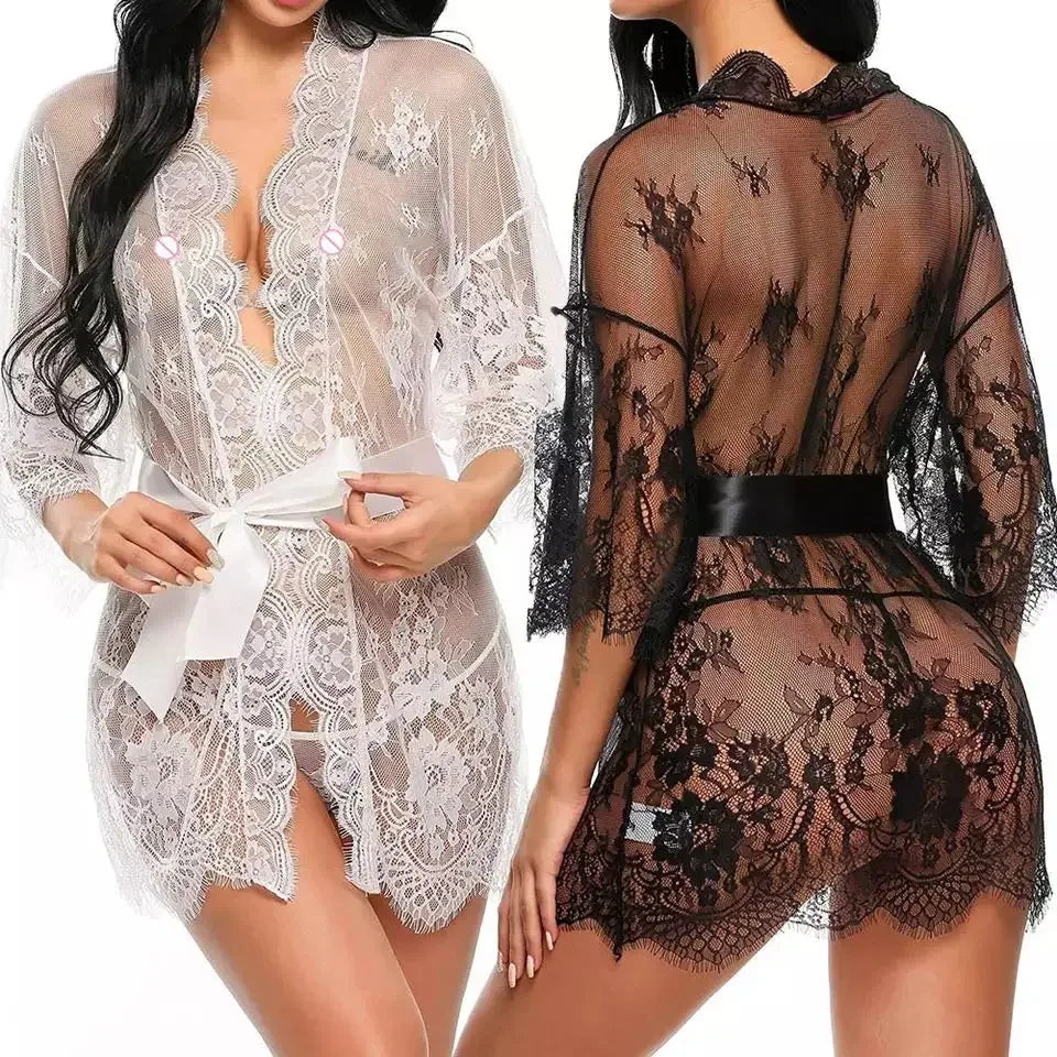 Women Sexy Lingerie Erotic Transparent V-Neck Lace Babydoll Nightwear Robe G-string Costume Kimono Sleepwear Dress