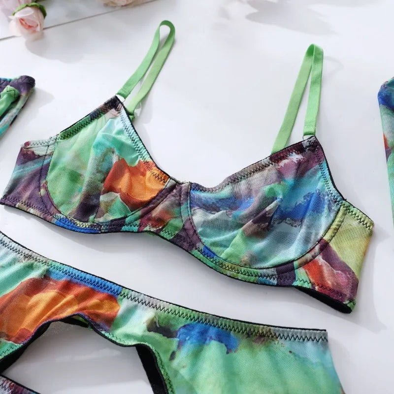 5 Pieces Lingerie Set Women Nightwear tie-dye Printed Halloween Underwear Bras Panties Golves Stocking Erotic Laungerie Set