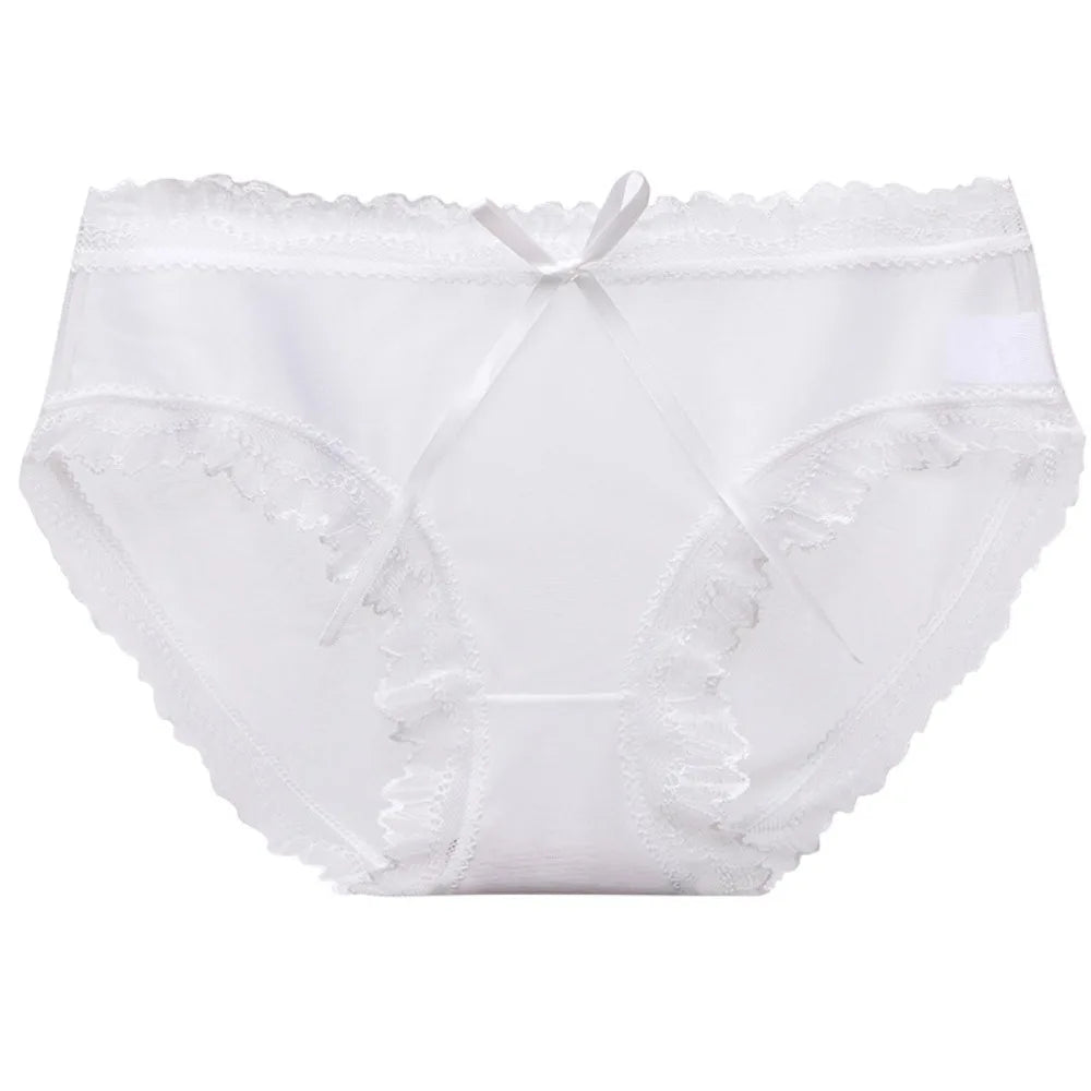 Lingerie Low Waist Lace Panties Ice Silk Cotton Crotch Mesh Briefs Bow Underwear for Women Summer