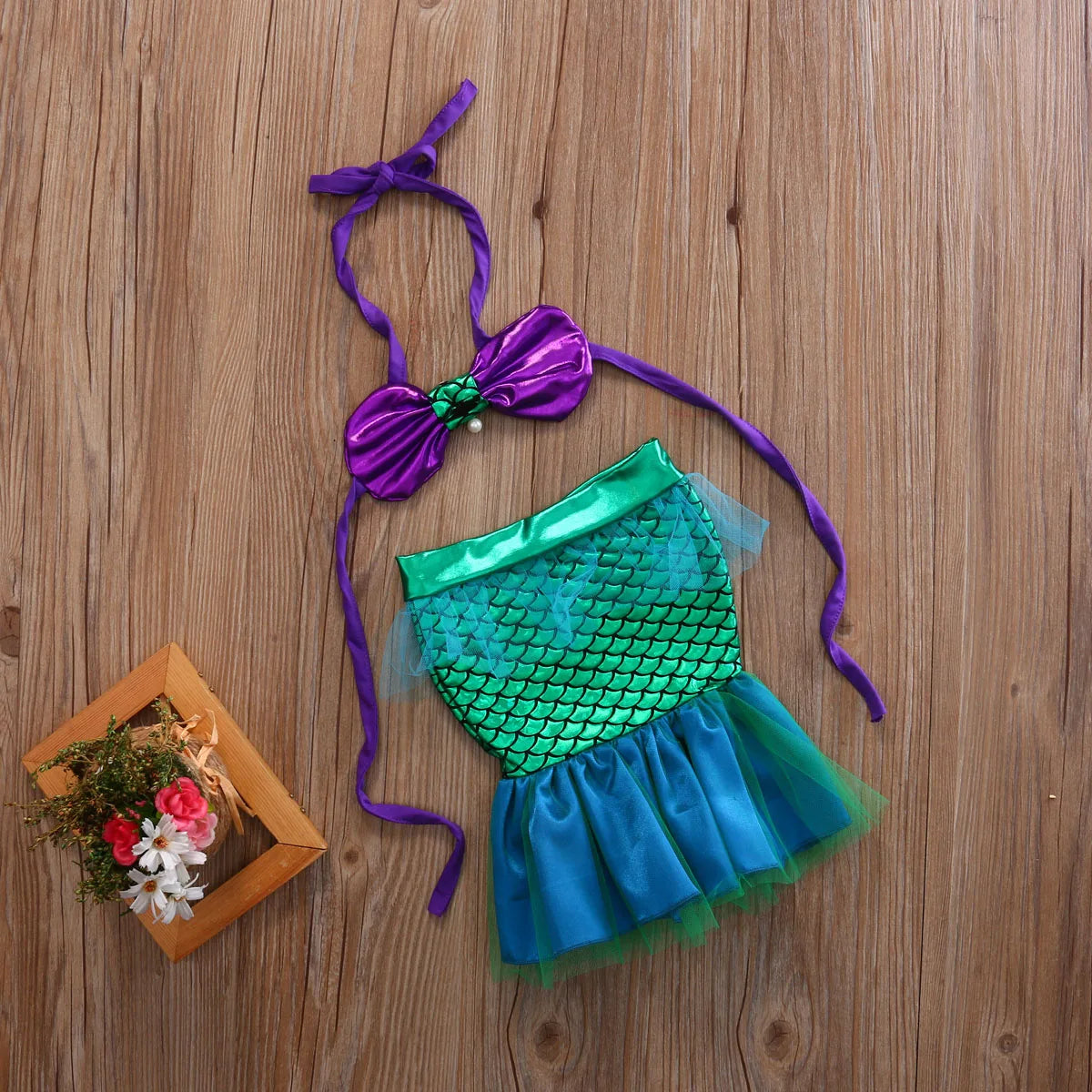 Baby Girls Two-piece Mermaid Swimsuit Hanging Neck Shell Pearl Halter Bikini Tops Tulle Patchwork Mermaid Tail 2Pcs Swimwear