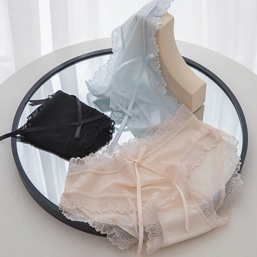 Lingerie Low Waist Lace Panties Ice Silk Cotton Crotch Mesh Briefs Bow Underwear for Women Summer