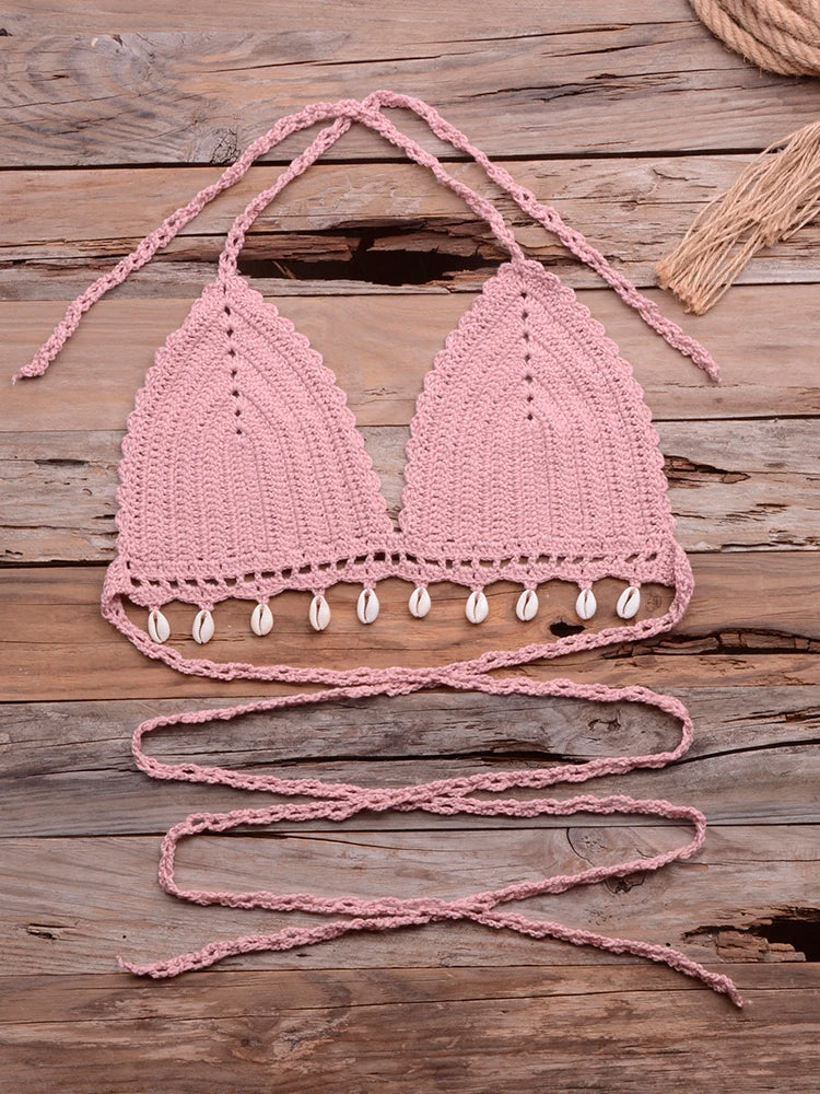 Knitted Bra Top Bikini Set Womens Swimsuit Handemade Crochet Bikini Cover Up Tassel Beach Long Wrap Skirt Sarong Immadman 7004