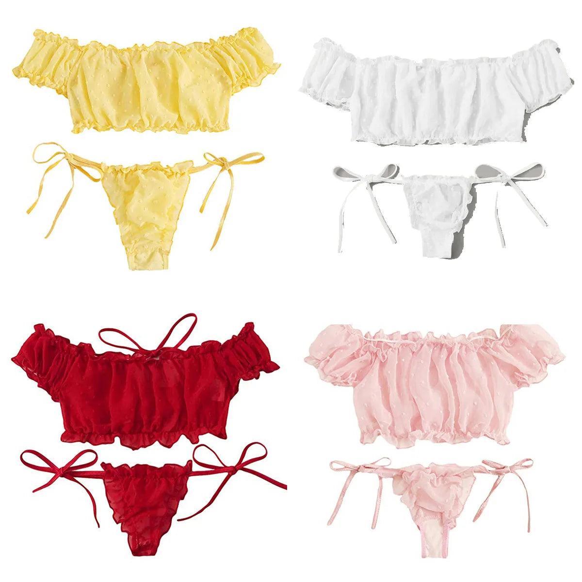 Women's Sexy Lingerie Set Mesh Lace Ruffle Cute Dot Transparent Bra and Panty Wireless Thong Bandage Exotic Sets