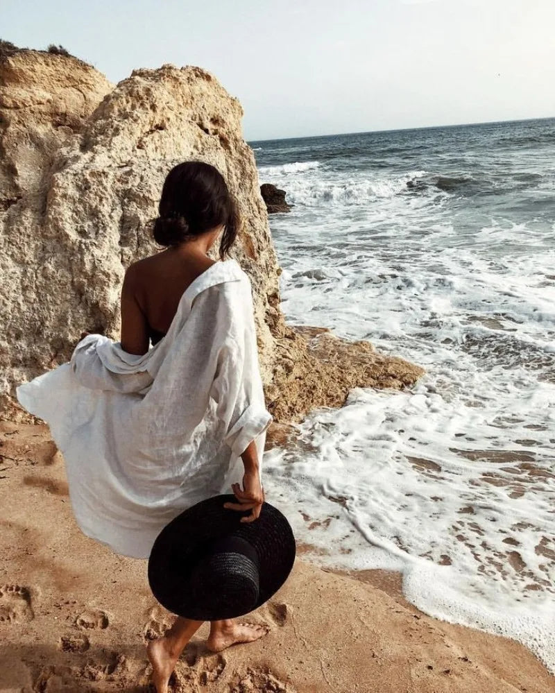 Beach Coverup for Women, Swimsuit Coverup Long Sleeve, Linen Bikini Cover Up Shirt, Bathing Suit Cover Ups for Pool