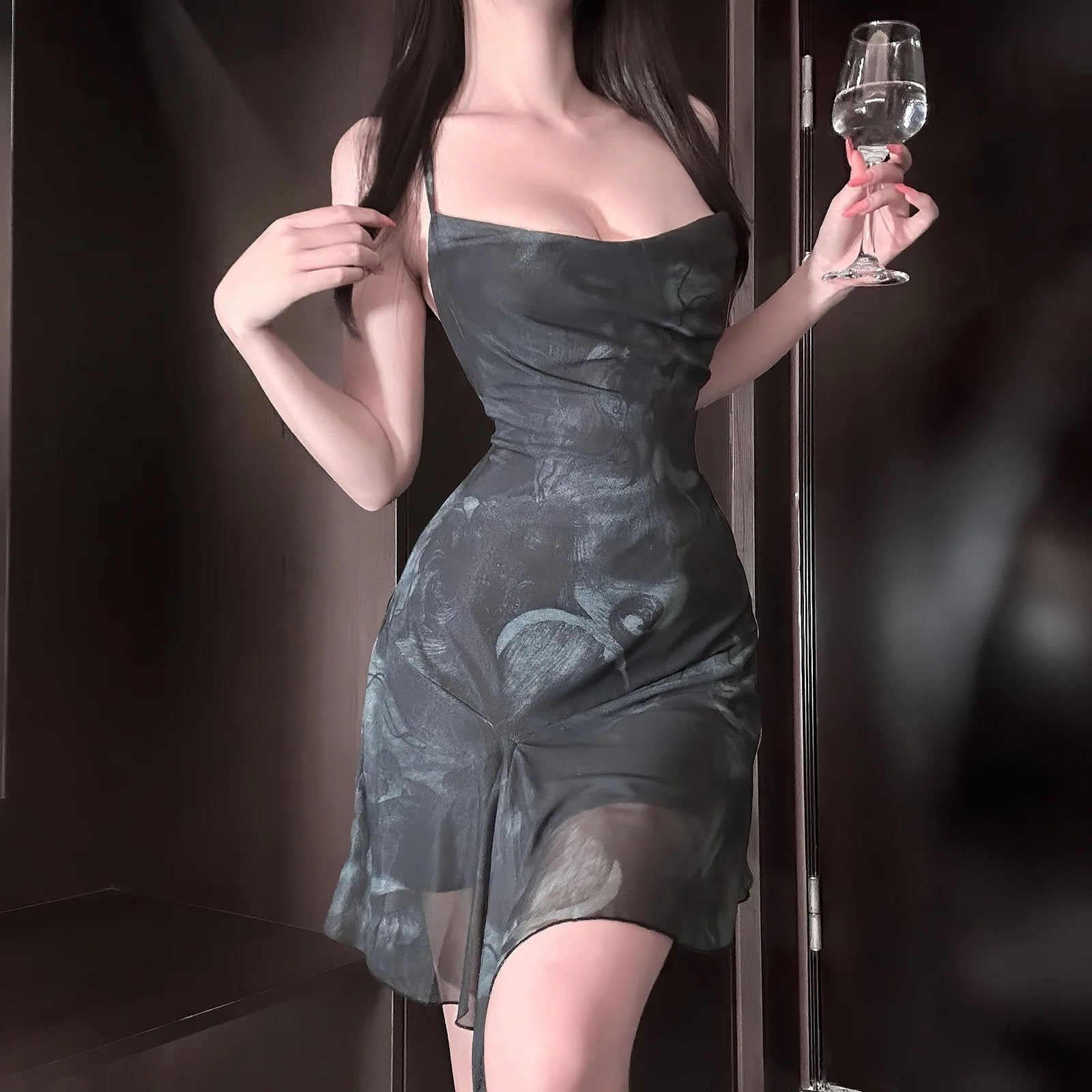 Lingerie With Straps, Can Be Worn Outside, Versatile Short Skirt, Pure Desire Style, Hot Girl Cross-Backless PrintqqnySuit