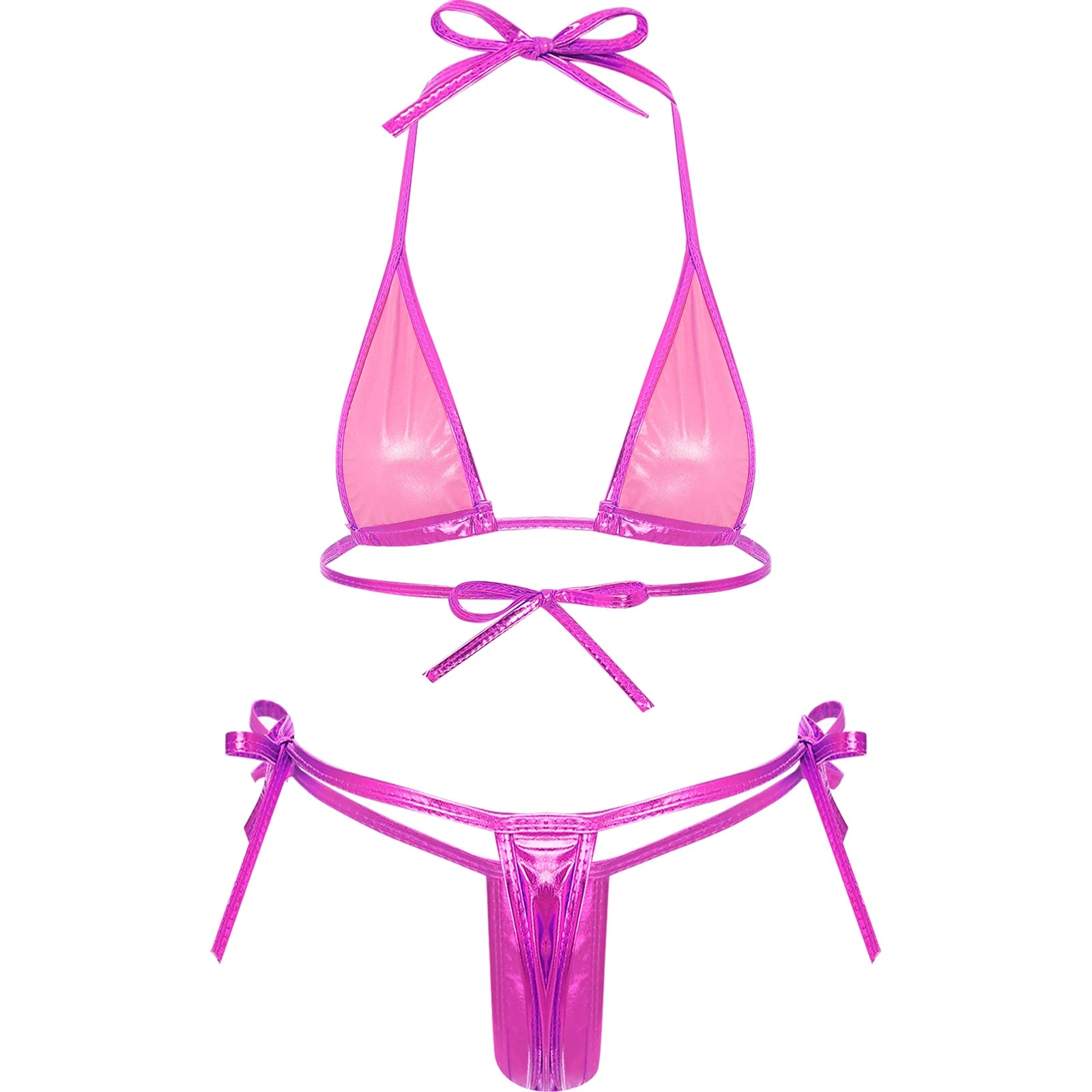 Womens Brazilian Micro Bikini Swimsuit Metallic Shiny Lacing Non-Padded Triangle Cup Bra Top with G-String Swimwear Biquini Set
