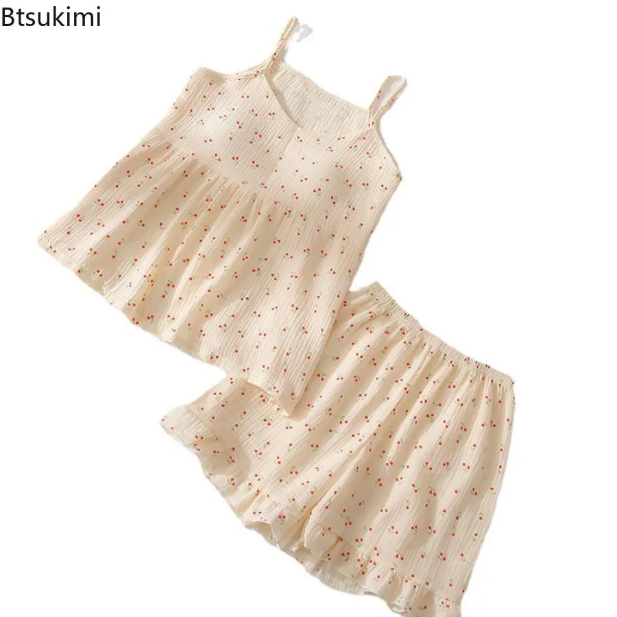 2026Women's Summer Cotton Sleepwear Sets Girl's Camisole Vest with Chest Cushion Shorts Cute Floral Two-piece Home Suit Set 2PCS