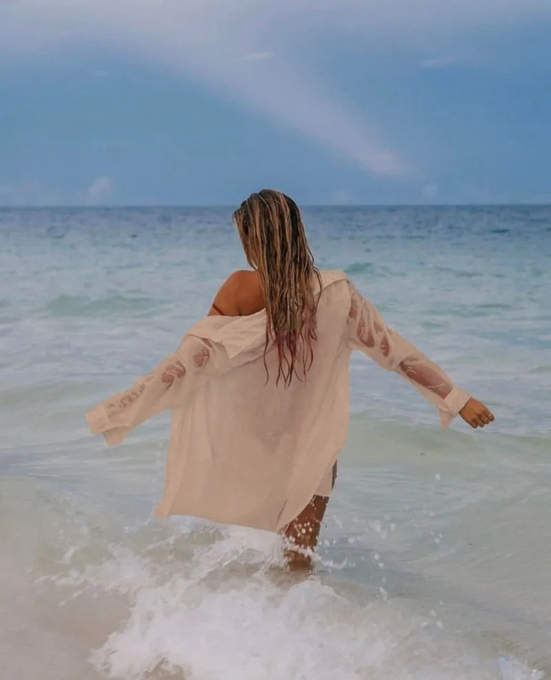 Beach Coverup for Women, Swimsuit Coverup Long Sleeve, Linen Bikini Cover Up Shirt, Bathing Suit Cover Ups for Pool
