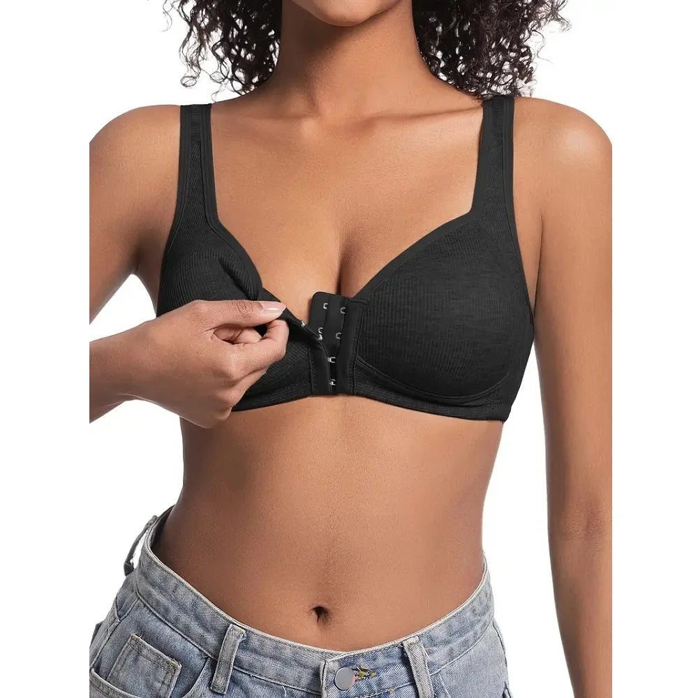 Women's Bra Wire-Free Front Closure Solid Color Full Coverage 3D Cups More Considerate for Middle-Aged And Elderly Individual