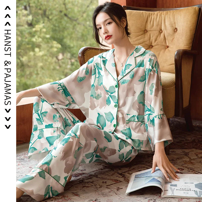 Satin Pajamas Set Spring Summer Home Suit with Pant Women's Print Pijama Suit Silk Pijama Set Sleepwear for Female Pyjamas
