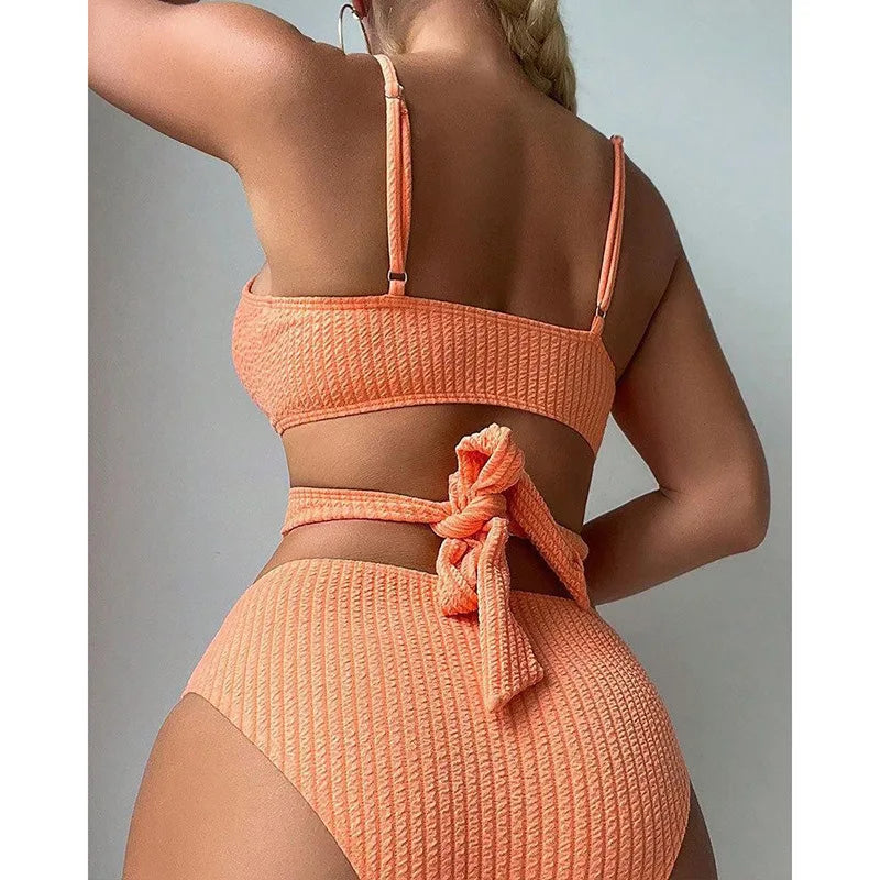 Solid Color striped Sexy Bikini set Women's Separate Swimwear Strap Design Swimwear Fashionable Beachwear Sexy lingerie Trikini