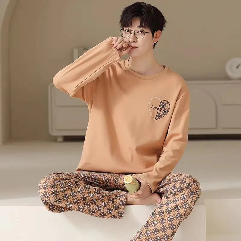 Men‘s Pajama Set Long Sleeve Black Striped Spring and Summer Youth Student Nightwear Loungewear Two Piece Set Sleepwear Homewear