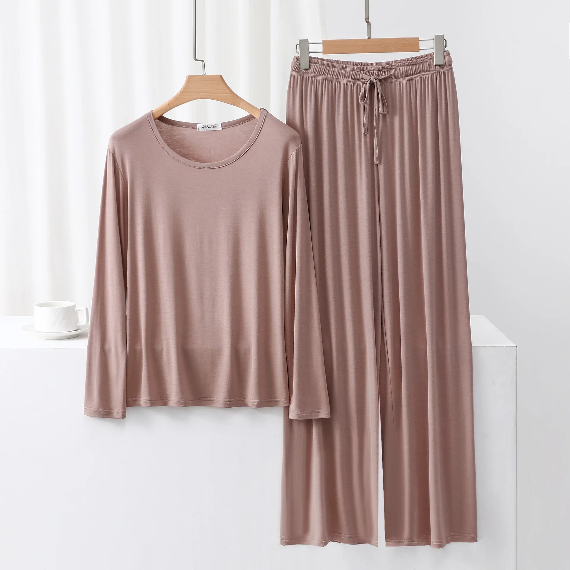 Modal Pajama Sets 2 Piece O-Neck Long sleeved Tshirt and Wide Leg Pant Ankle Length Loose sleepwear set Comfort homewear suits