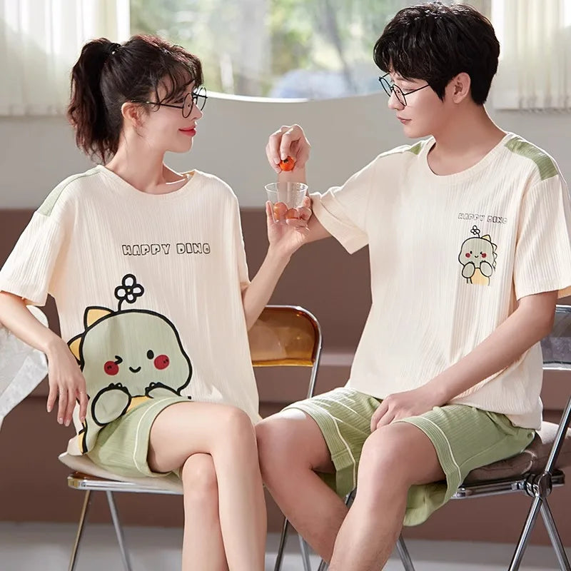Lovers Pajama Set Cotton Cartoon Cute Nightwear For Men Women Homewear Plus Size Summer Thin Pyjamas Couples Pjs Loungewear