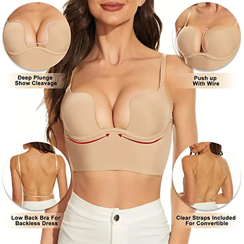 Seam-free Womens Low Cut Plunge Bra Wire Lifting Deep U Shaped Multi-Way Push Up Convertible Plunge Backless Sexy Bra