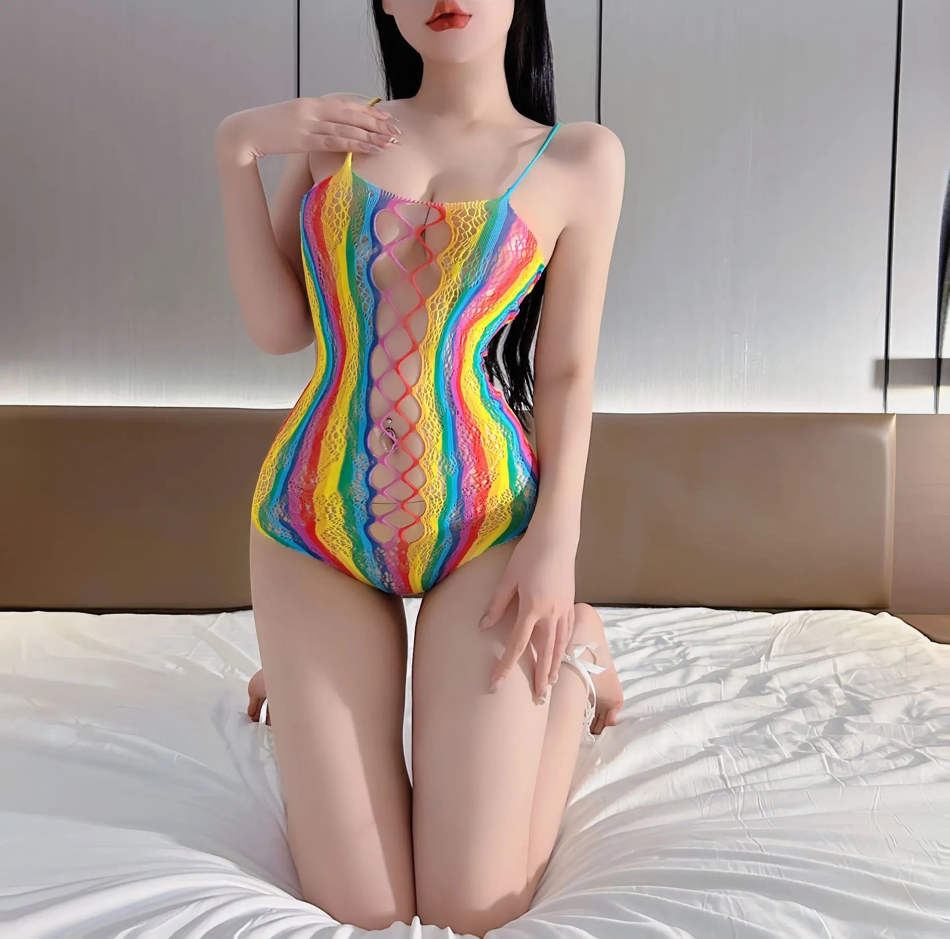 Sexy Lingerie for Women Fishnet Halter Chemise rainbow Hot Mesh Mini Dress Bodysuit through clothes Flirtation Erotic for couple
