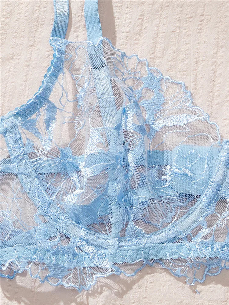 Sexy Lingerie Set Embroidery Romantic Bra Brief Set Transparent Underwear Thong New Fashion Lace See Through Blue Exotic Sets