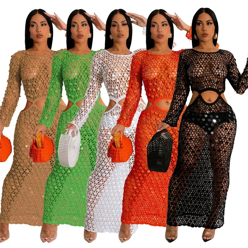 Sexy Party Dresses Sequined Crochet Knitted Beach Dress for Women Summer See-through Cover Up Bodycon Maxi Dress Vacation Club
