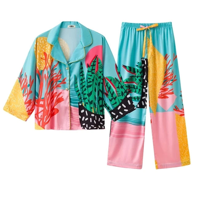 Satin Pajamas Set Spring Summer Home Suit with Pant Women's Print Pijama Suit Silk Pijama Set Sleepwear for Female Pyjamas