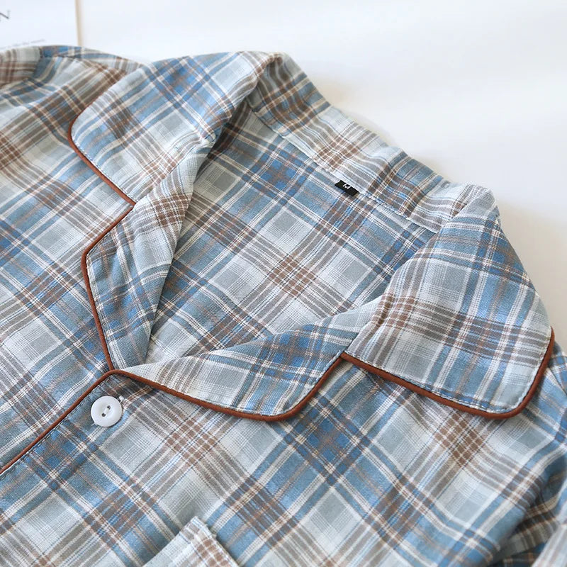 2026 Japanese New Men's Pajama Set Spring/Summer Checkered Simple Long sleeved Two Piece Set 100%Cotton Cardigan Home Furnishing