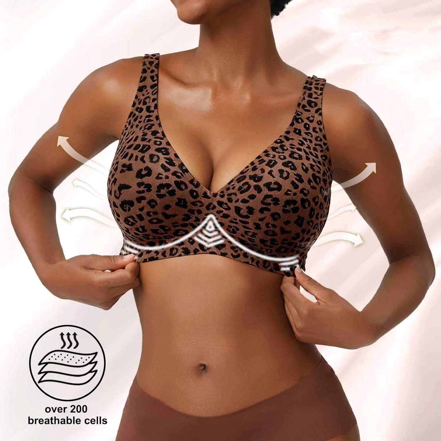 Wireless Seamless Leopard Bra Women's Full Coverage Thin Cup with Soft Support Breathable Fabric Comfortable Plus Size Fit