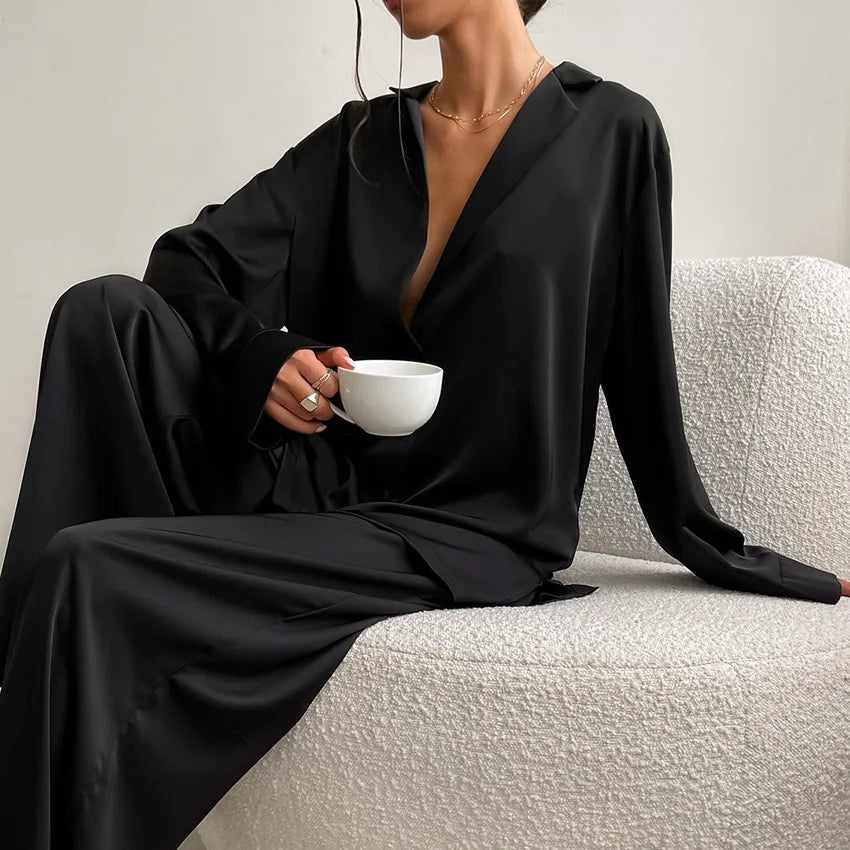 Two Pieces Women Pajama Sets Single Breasted Blouses Lounge Full Sleeve Spliced Straight Pants Casual Solid Lady Sleepwear