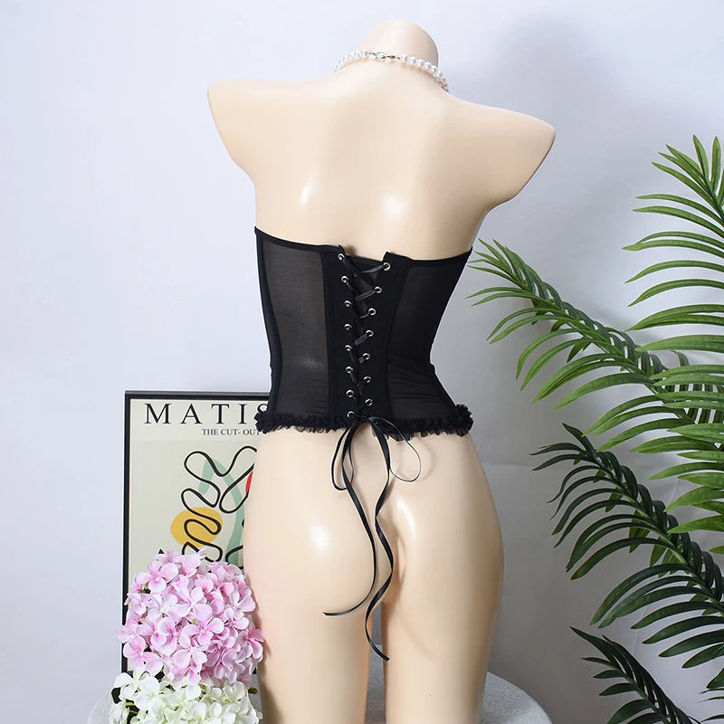 Women Sheer Lingerie Streetwear Lace-up Bustier Corset Tops Slim Backless y2k Tank Top Strapless Striped Sheath Sexy Camisole