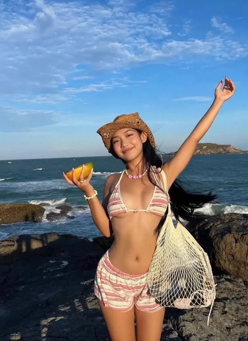 Women's Bikini Halter Neck Triangle Top with Matching Shorts Retro Striped French Pure Desire Seaside Vacation Split Swimsuit