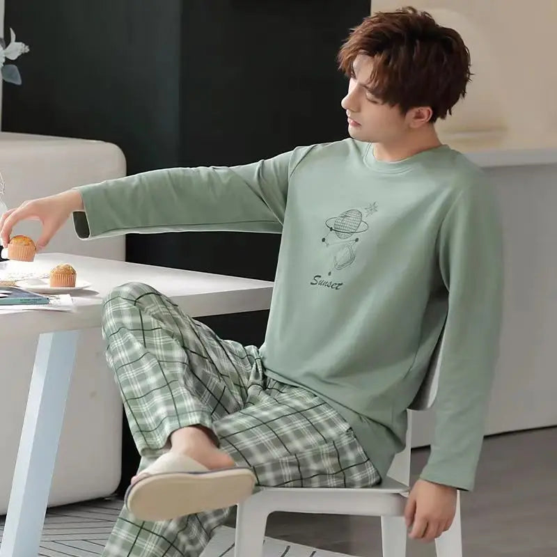 Men‘s Pajama Set Long Sleeve Black Striped Spring and Summer Youth Student Nightwear Loungewear Two Piece Set Sleepwear Homewear