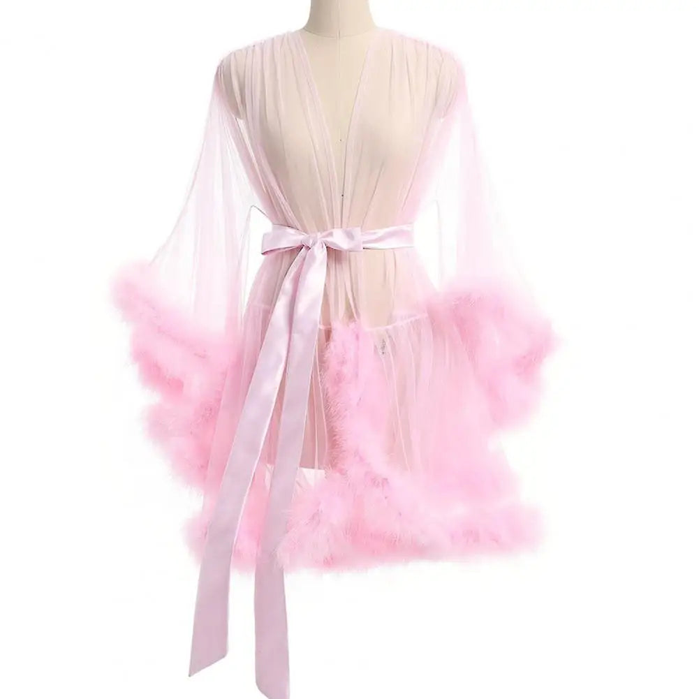Female Sheer Shapewear Robes Fashoin Long Sleeve Plush Spliced Thin Lingerie Women Lace Up Erotic Midi Long Sexy Robes