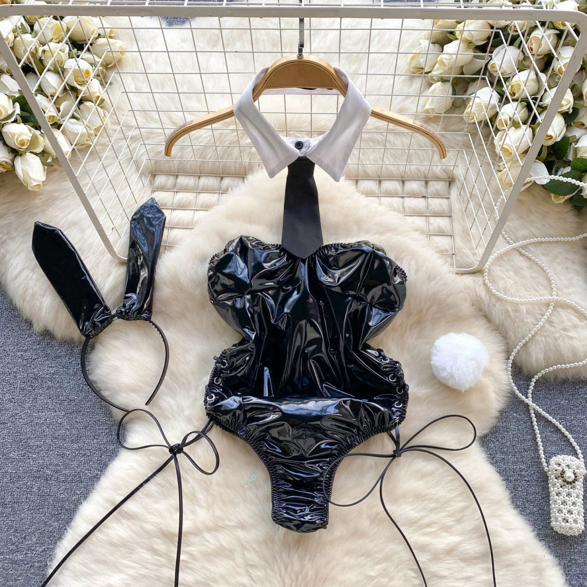 Backless Hotsweet Bow Lingerie For Women See Through Mesh Sexy Bunny Costume Lingerie Bodysuit 4 Piece Jumpsuit Spot Lace Cospla
