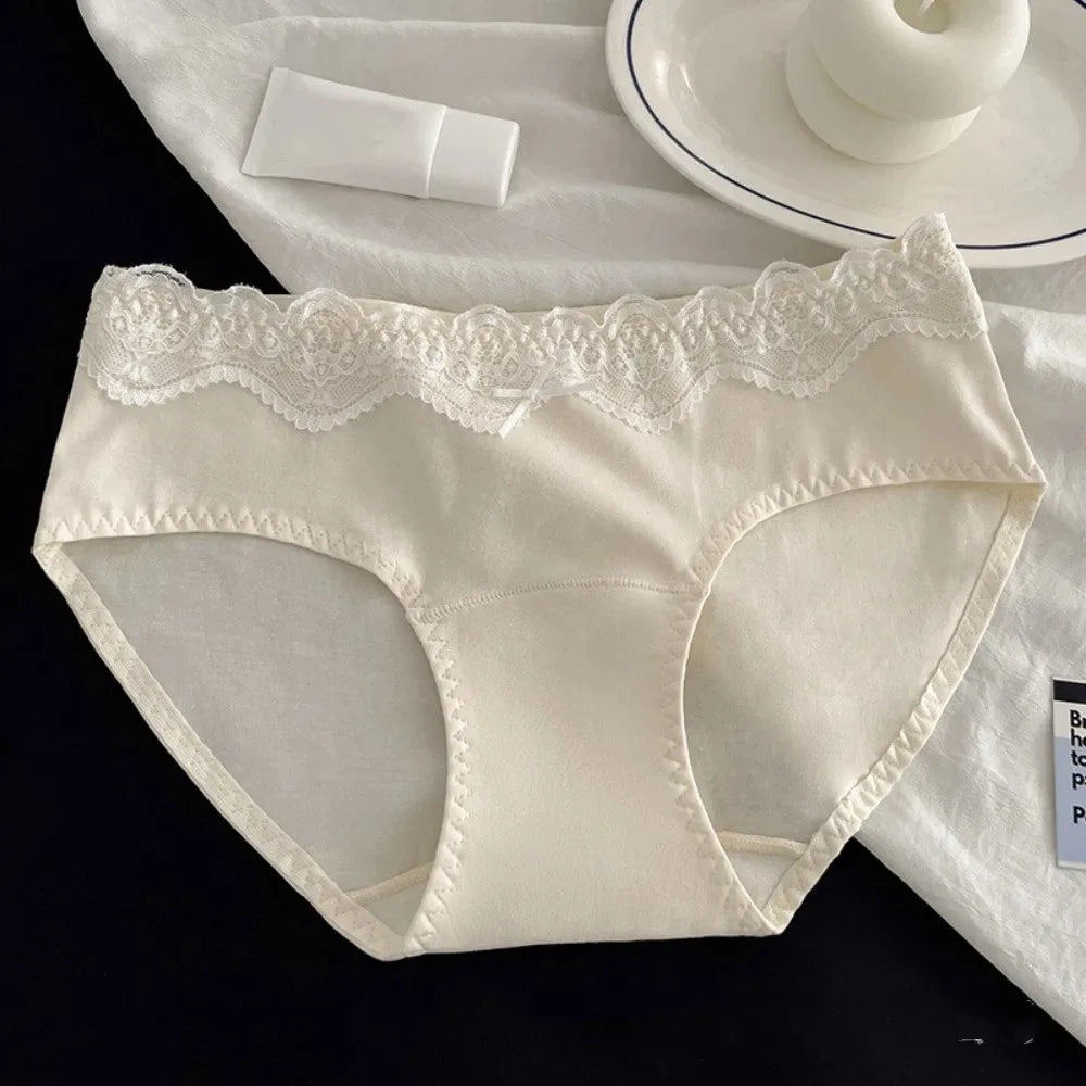 Lingerie Bow Lace Cotton Panties Transparent Seamless Underwear for Women Mid Waist Soft Floral Lace Briefs Spring Summer