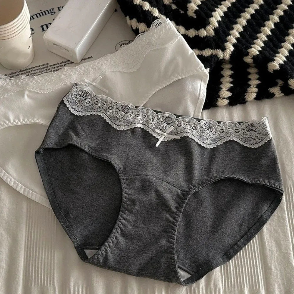 Lingerie Bow Lace Cotton Panties Transparent Seamless Underwear for Women Mid Waist Soft Floral Lace Briefs Spring Summer
