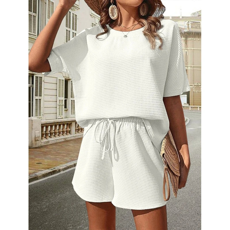 Stylish Casual Pajama Set For Women Solid Color Half Sleeve Bat Shirt And Soft Elastic Shorts Cozy Relaxed Fit Loungewear Pjs