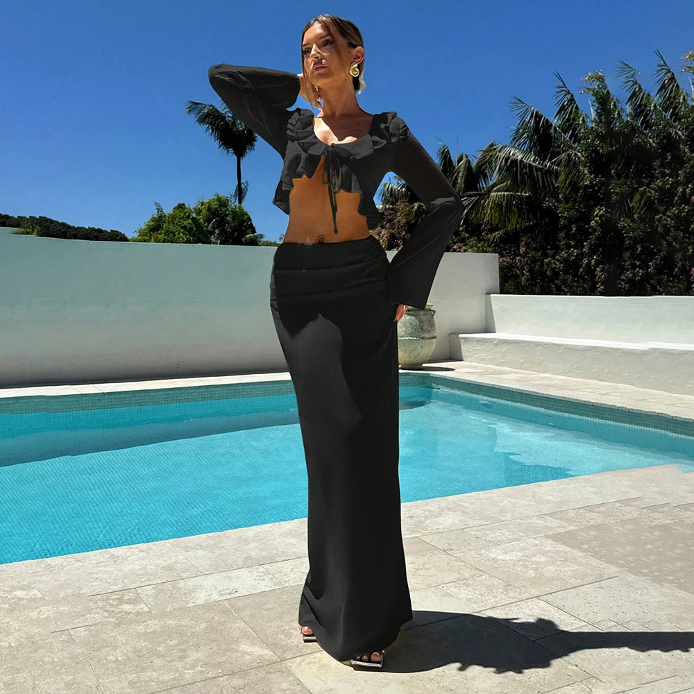 Swimwear Skirt Cover-up 2 Piece Set Women Crop Tops And Long Skirt Bathing Suit Fashion Solid Hollow Sexy Beach Cover Up Outfits