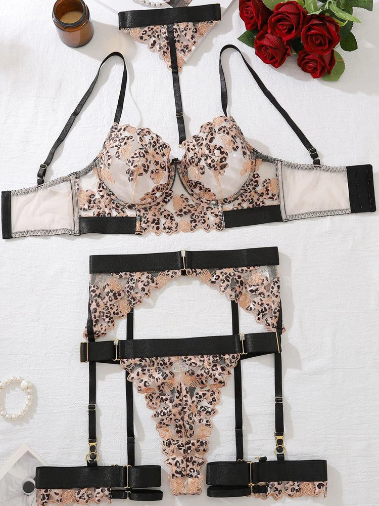 Erotic Women's Lingerie 5-Piece Set Hanging Neck Leopard Embroidered Bra Panty Garter Sets See-Through Patchwork Sexy Underwear