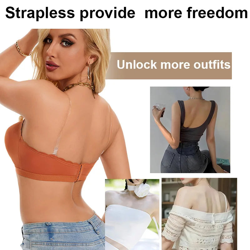 Lingerie Wireless Gather Bra Women Invisible Bra Front Buckle Push up Seamless Bra Sexy Strapless Underwear Waves Grain Bras