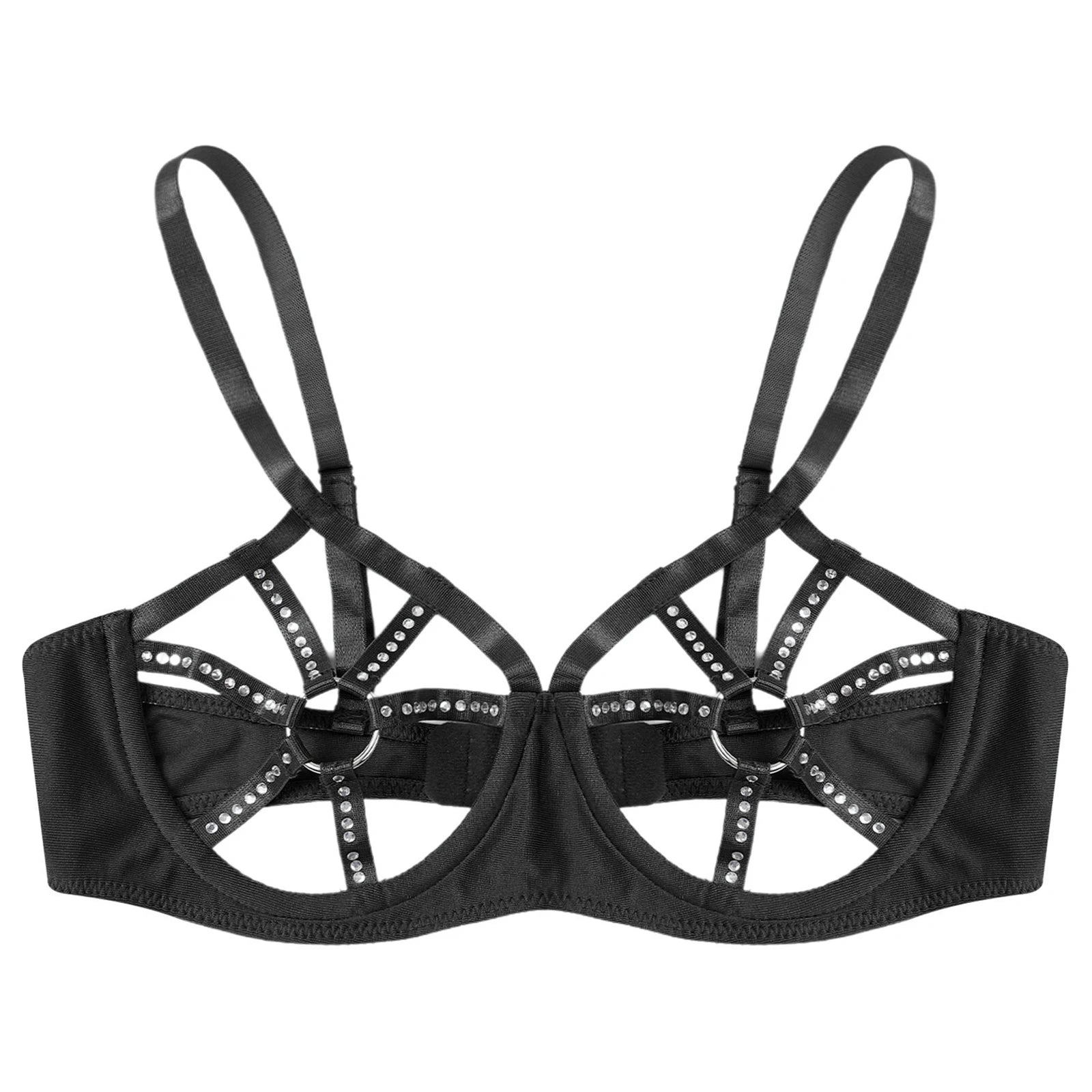 Womens Sexy Lingerie See Through Underwired Bra Balconette Adjustable Straps Shiny Rhinestones O-ring Cutout Cup Push Up Bra Top