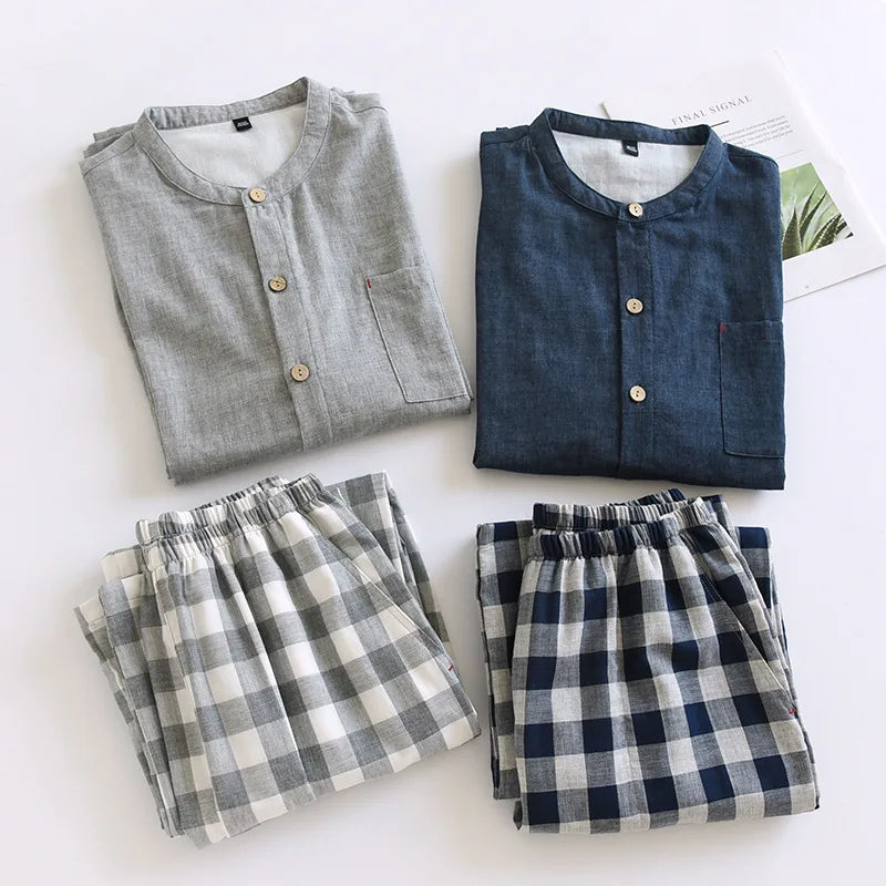 2026 Japanese Style Men's Cotton Pajama Sets Plaid Long Sleeve Trousers Sleepwear Sets Men Double-layer Cotton Homewear Lounge