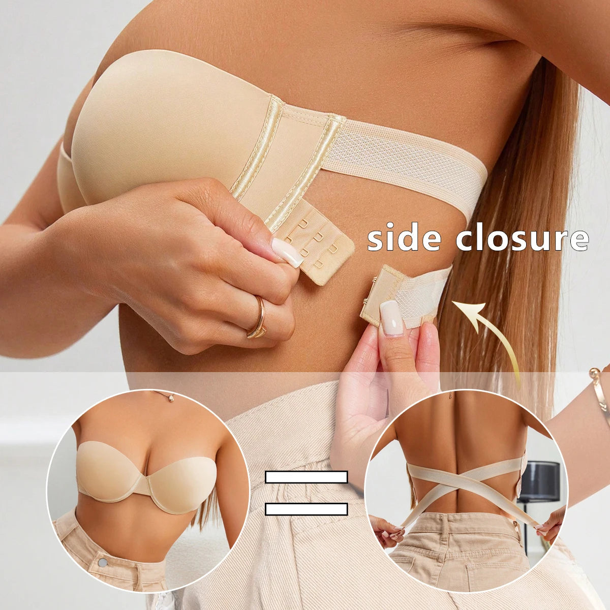 Strapless Bra for Women Cross Back Side Closure Underwire Padded Push Up Bras for Wedding Dress Evening Gown Low Back Tops