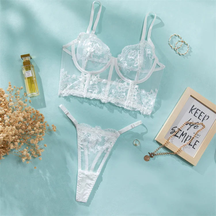 Sexy Lingerie for Women Floral Embroidered Fishbone Bra Set French Ultra Thin Corset Top Intimate 2 pcs Sheer Mesh Lingerie Set