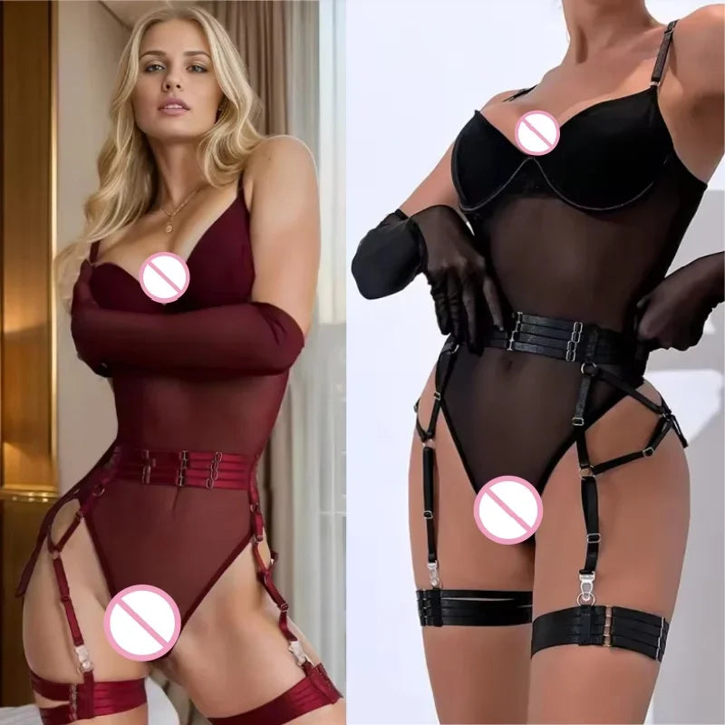 Sexy Sensual Lingerie Sets for Women See Through Mesh Lace Tight Bodysuit with Gloves Garter Exquisite Underwear Sexy Costumes