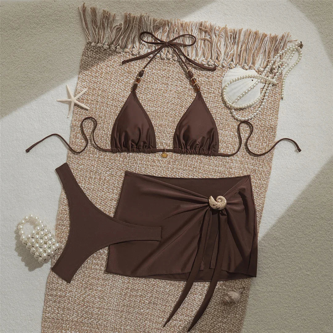 With Skirt Halter Bikini Women Swimwear Female Swimsuit Brazilian Padded Bather Bathing Suit Swim Three-pieces Bikini set