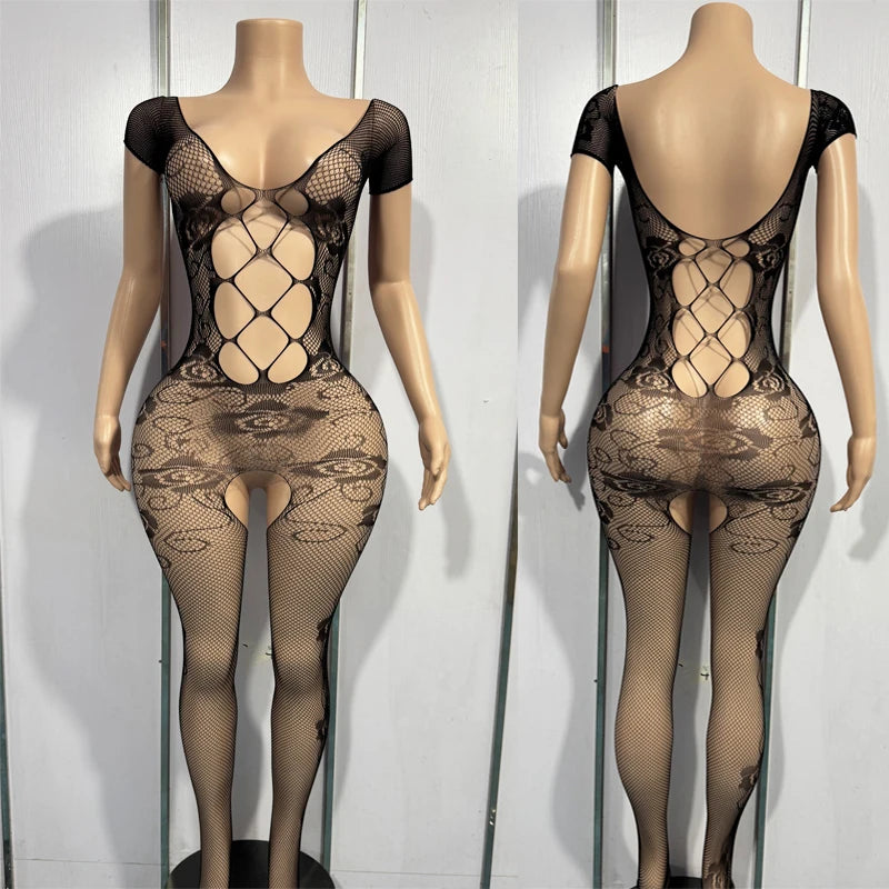 Lingerie Set for Women Lace Transparent Bodystockings Sexy Costumes Crotchless Sleepwear Female Sex  Babydoll Dress