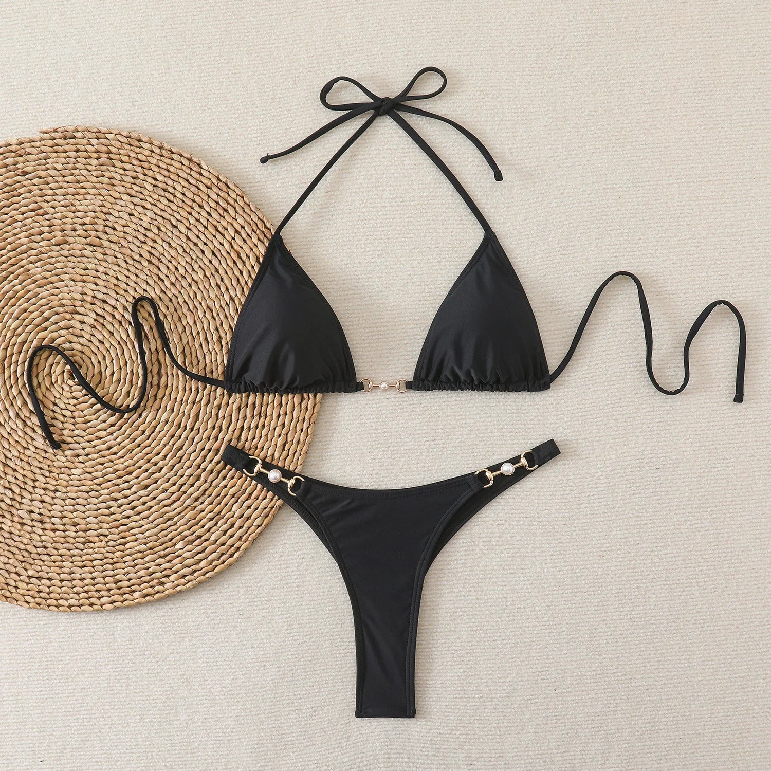 New Two-Piece Bikini Set Sexy Triangle Tie-Up Swimsuit Beach Vacation Swimwear Summer Trendy Top Bottom Beachwear Resort Outfit