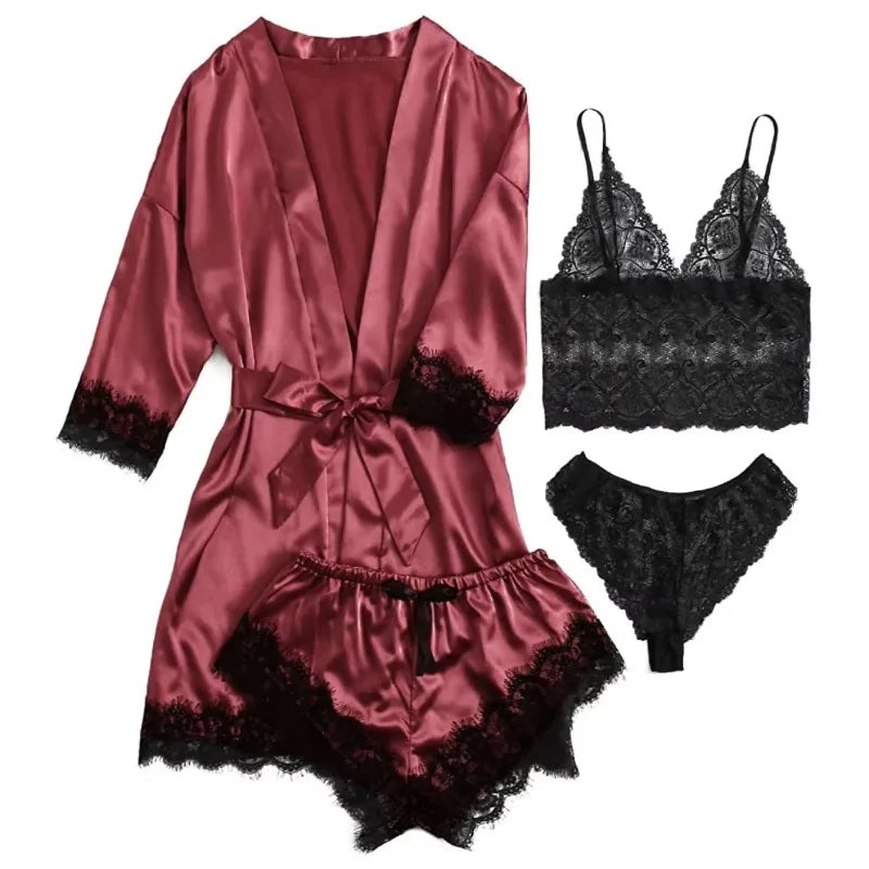 4PCS Satin Pajama Set with Robe - Lace Trim Cami Top & Shorts, The Viral Must-Have Elegant Loungewear for Women's Sleepwear