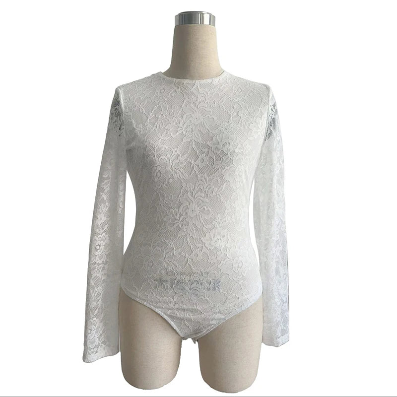 Sexy Lace Bodysuits For Women Fashion Clubwear Long Sleeve Slim See Through Romper Female Jumpsuit Lady Playsuit White Shirt