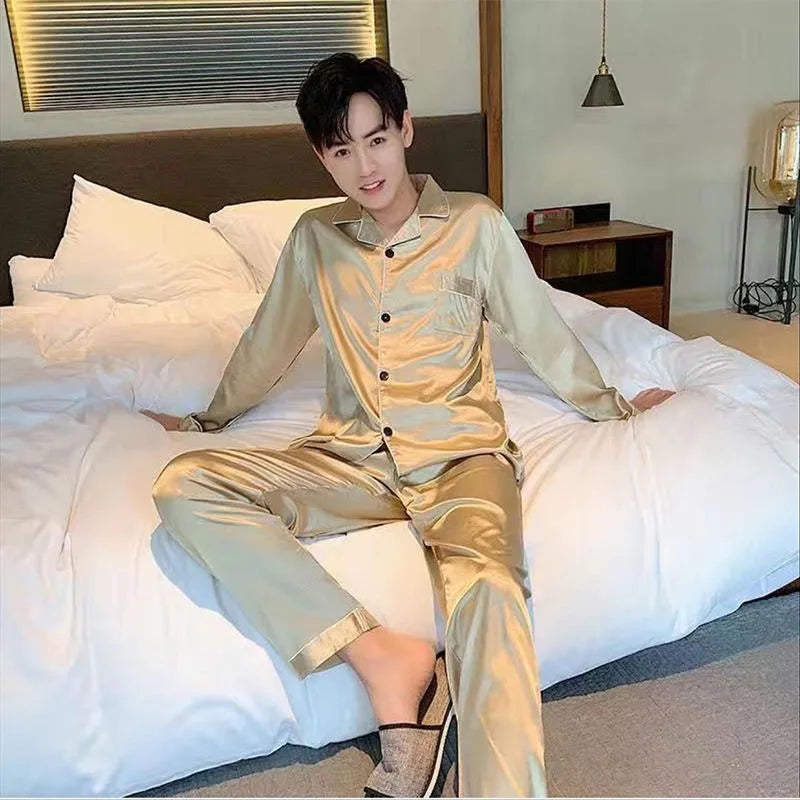 High Quality Men's Casual Pajama Sets Fashion Satin Long Sleeve Lapel Tops and Pants Homewaer Suit Men Comfort Lounge Sleepwear